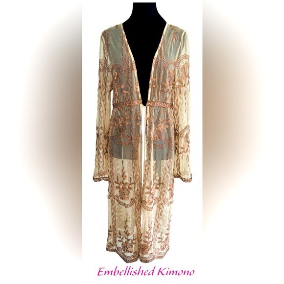 Haute Monde Other - Romantic Boho Floral Embroidered Festival Mesh Ethereal Maxi‎ Kimono Duster